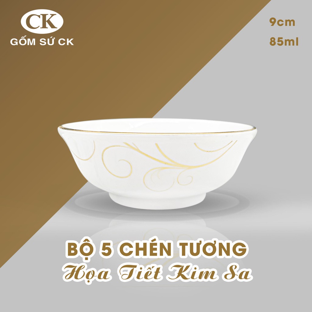 BỘ 05 CHÉN TƯƠNG HỌA TIẾT KIM SA - VIỀN VÀNG SANG TRỌNG - GỐM SỨ CK