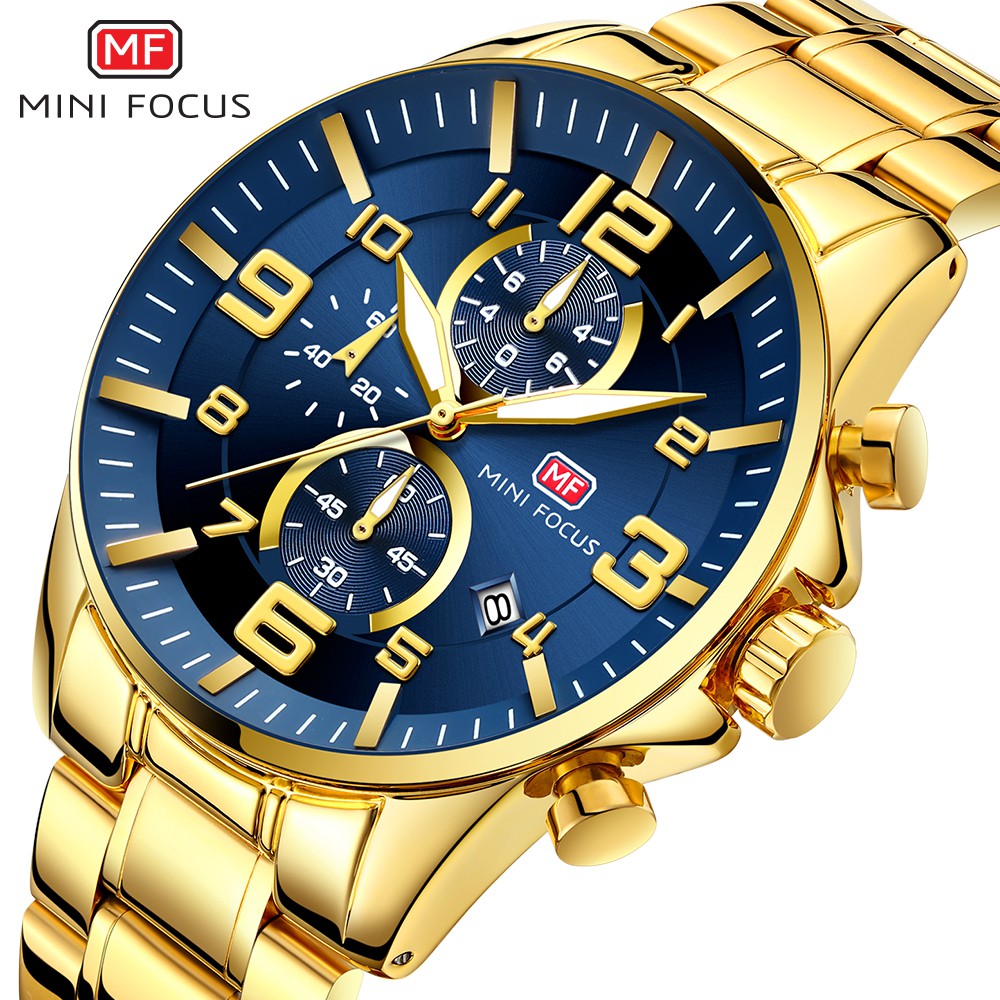 MINI FOUCS Đồng hồ nam thời trang vàng Quartz sang trọng chống nước đồng hồ nam