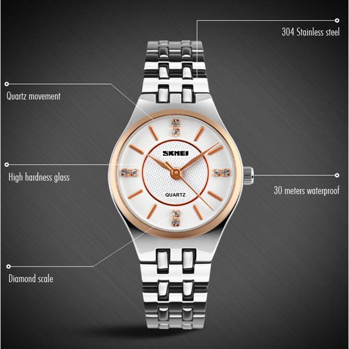 Đồng hồ nữ dây thép chống gỉ SKMEI 1133 (Mặt trắng dây bạc)
