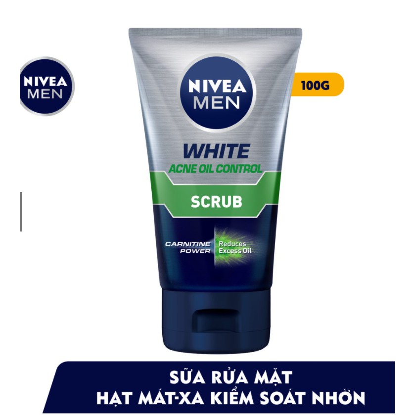 Sữa rửa mặt kiểm soát nhờn Nivea Men White Acne Oil Control Scrub 100g - Đức Chính Hãng