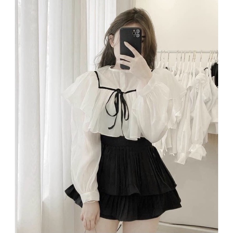 Áo sơ mi thủy thủ cổ tròn viền bèo tiểu thư
