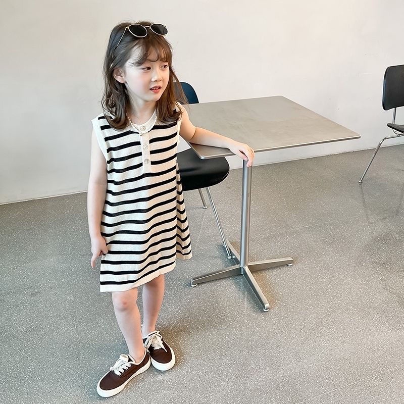 Bộ Áo Thun Cổ Bẻ + Chân Váy Cotton Họa Tiết Kẻ Sọc Phong Cách Hàn Quốc Thời Trang Mùa Hè Xinh Xắn Cho Bé Gái