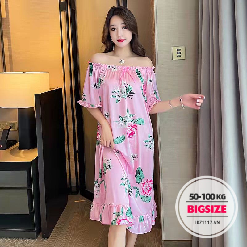 Váy ngủ nữ，Đầm ngủ hở vai Bigsize đồ ngủ nữ pyjama hoa nhí mặc nhà dáng dài tay ngắn mùa hè cho người mập béo nữ