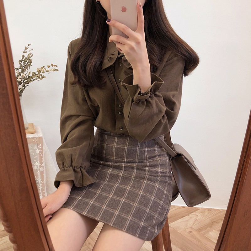 Áo Sơ Mi Nữ Tay Dài Có Diềm Xếp Nếp Màu Nâu 26666