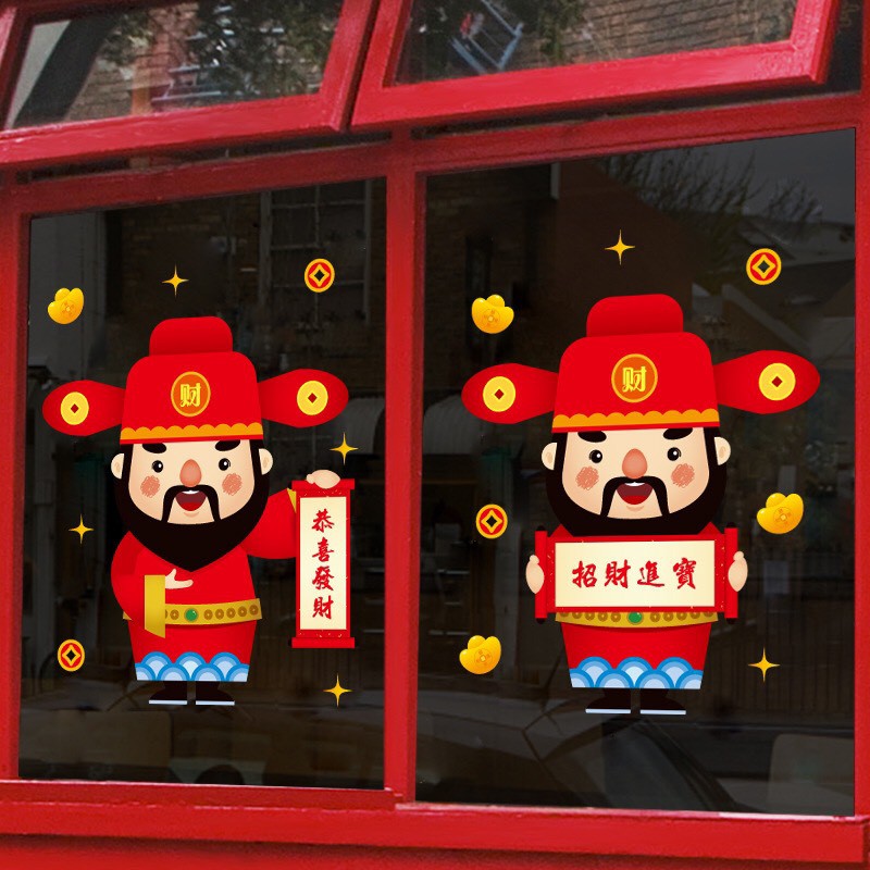 Decal trang trí tết - Cặp Thần Tài Râu Đen đáng yêu