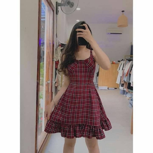 ĐẦM MARIKO CARO - ĐẦM 2 DÂY CARO ĐỎ SIÊU XINH