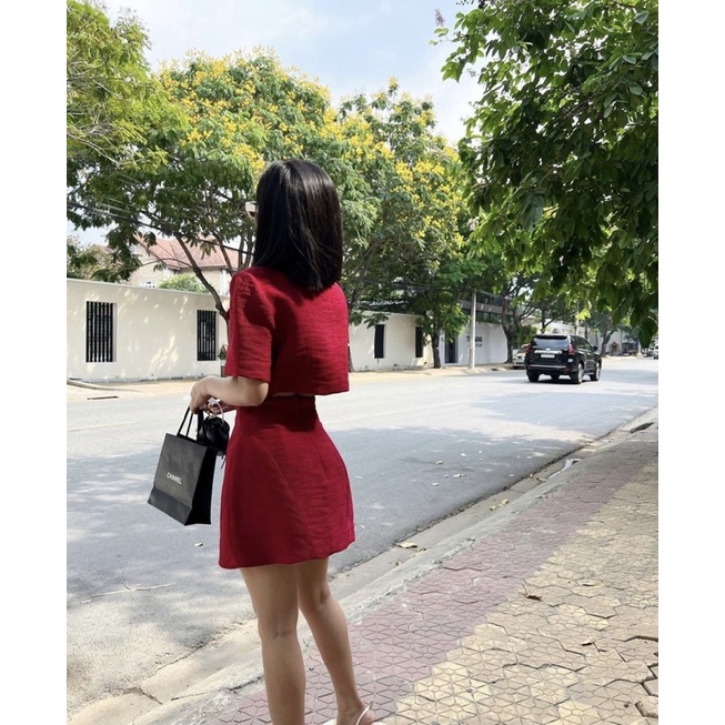 SET CROP DẠ ĐỎ DÂY KÉO + CHÂN VÁY