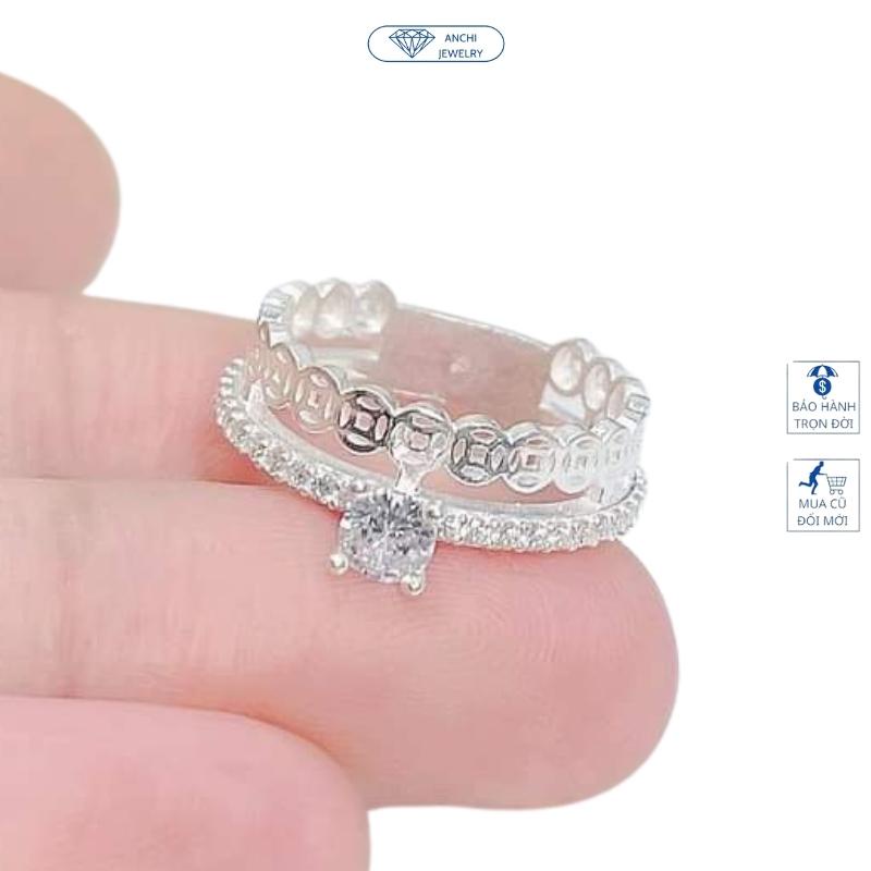 Nhẫn kim tiền 2 vòng đính đá, chuẩn bạc ta nguyên chất cho nữ, Anchi jewelry