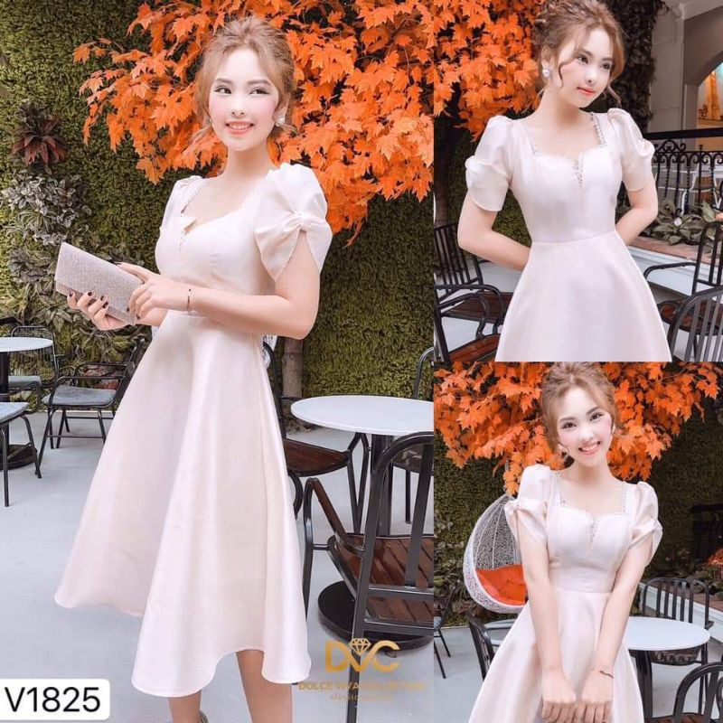 [VÁY ĐI TIỆC CAO CẤP] Váy thiết kế dự tiệc dáng xòe màu be - Kèm ảnh thật trải sàn do chị chủ shop tự chụp