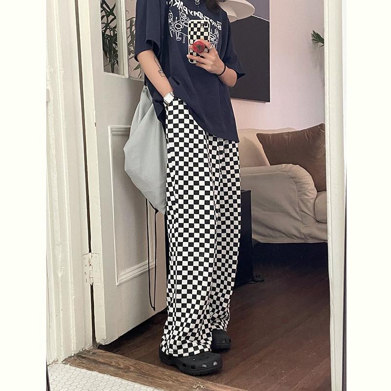 ☽Quần dài ống rộng họa tiết sọc caro cá tính cho nữ