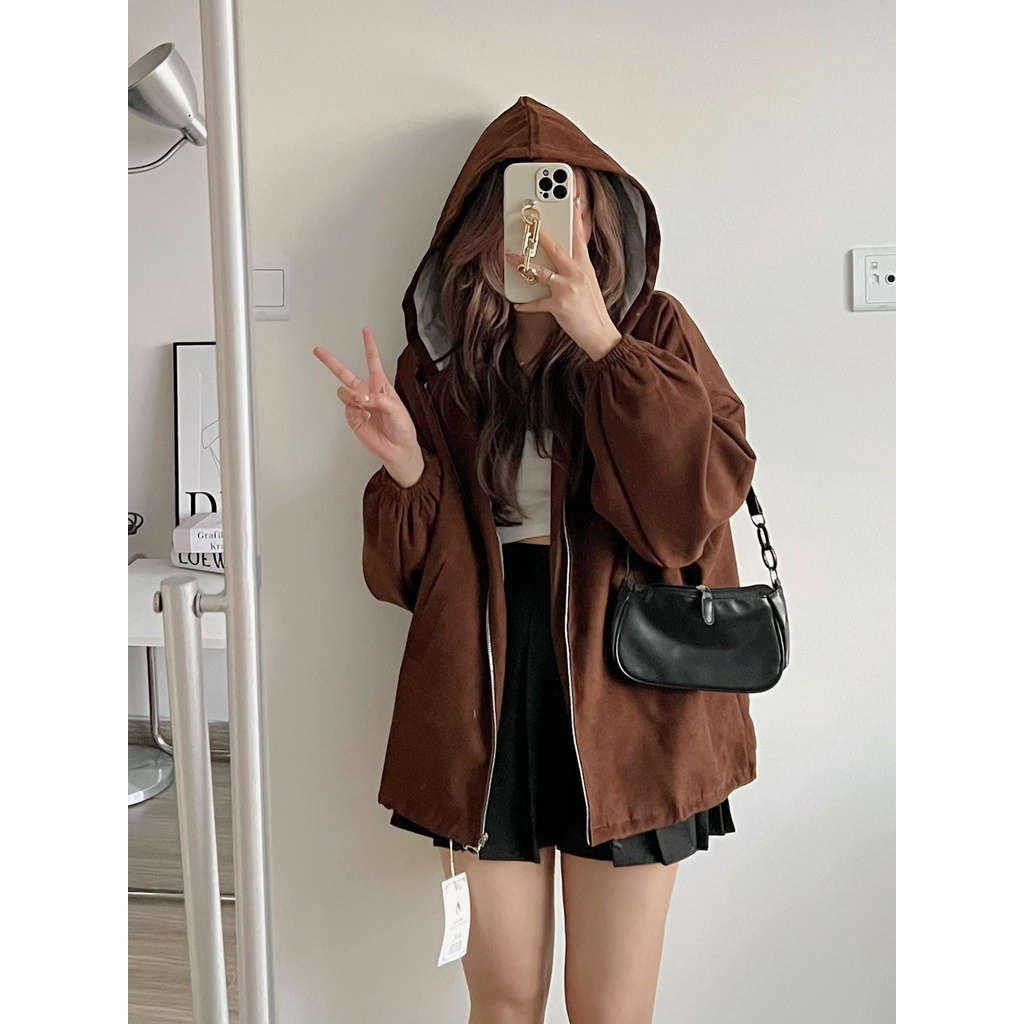 Áo khoác nhung nữ 2 lớp có mũ form rộng có túi trong nhiều màu