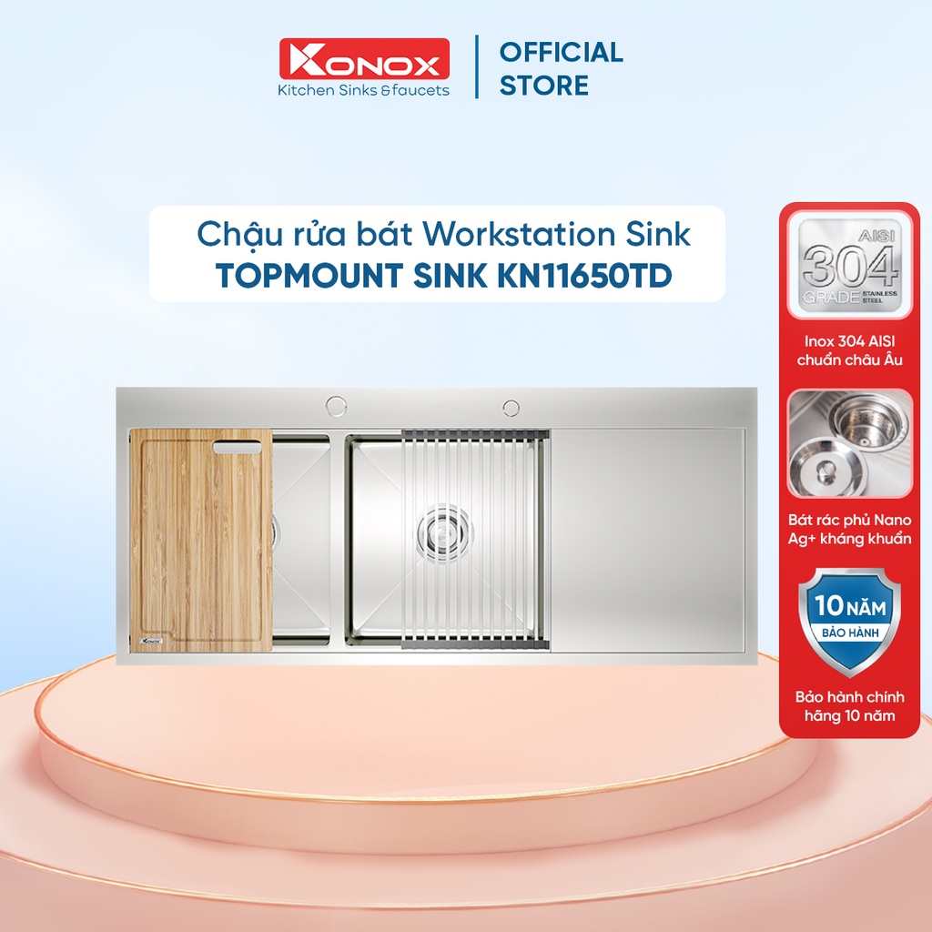 Chậu rửa bát cao cấp KONOX Topmount Series KN11650TD, inox 304AISI, full set gồm Siphon+Thớt gỗ+Rollmat