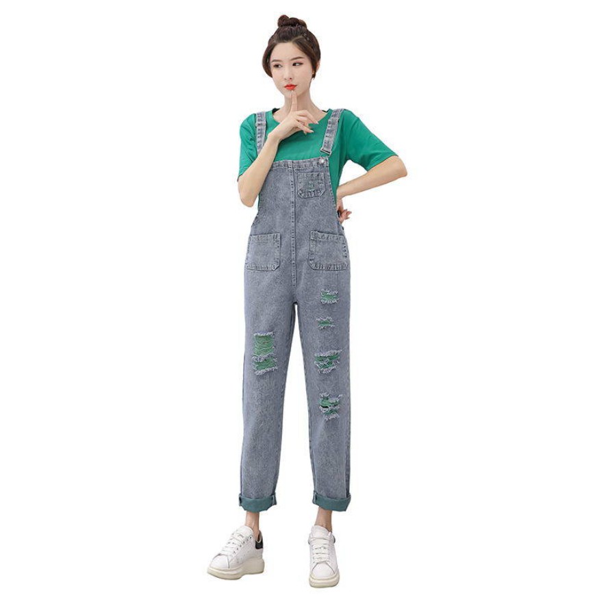 Quần yếm 2 dây ống dài kiểu rách trẻ trung bằng vải denim thời trang Hàn Quốc dành cho nữ