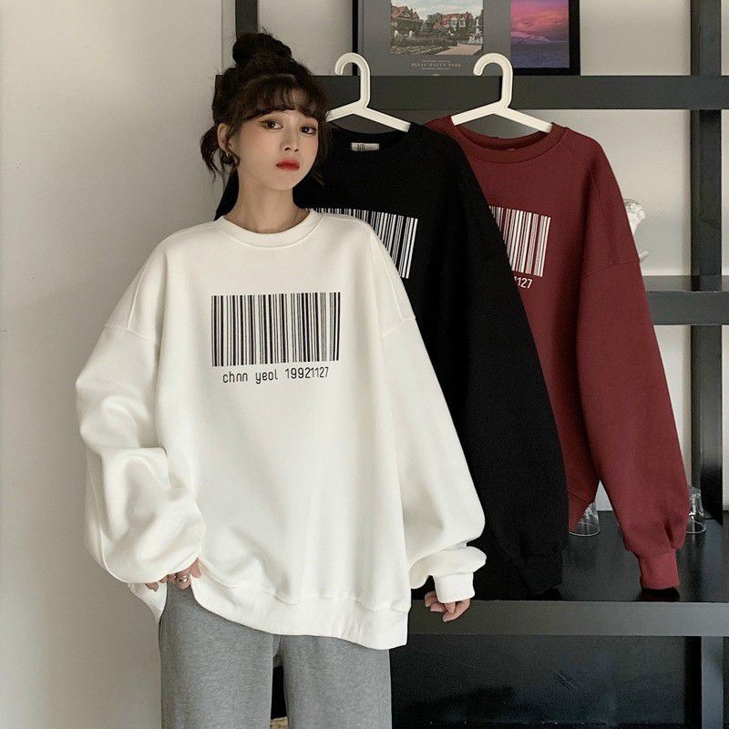 Áo nỉ sweater unisex bigsize form rộng in mã vạch
