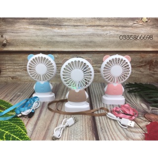 Quạt Mini Cầm Tay và để bàn ZW-2801 Tai Gấu, Quạt Sạc Tích Điện Có Dây Đeo, 3 Cấp Độ Gió, Đèn Led Đổi Màu