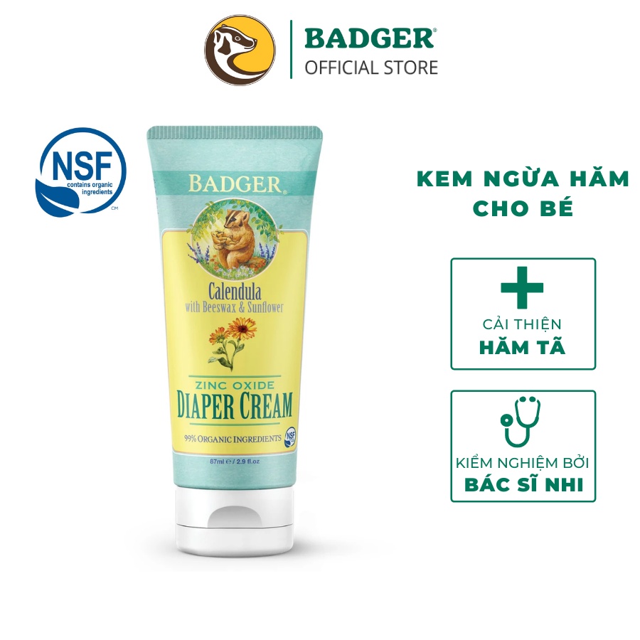 Kem chống hăm tã cho bé BADGER Diaper Cream thành phần hữu cơ và khoáng chất an toàn cho mông trẻ sơ sinh 87mL