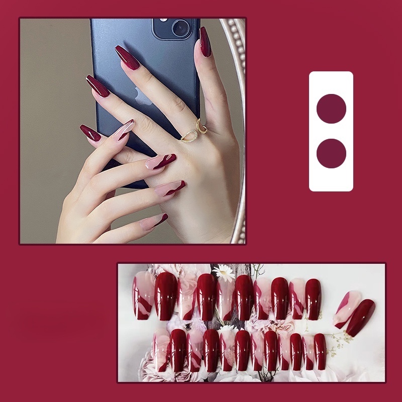 Móng tay giả dài màu đỏ cherry kèm keo cổ điển thời trang phong cách cho nữ