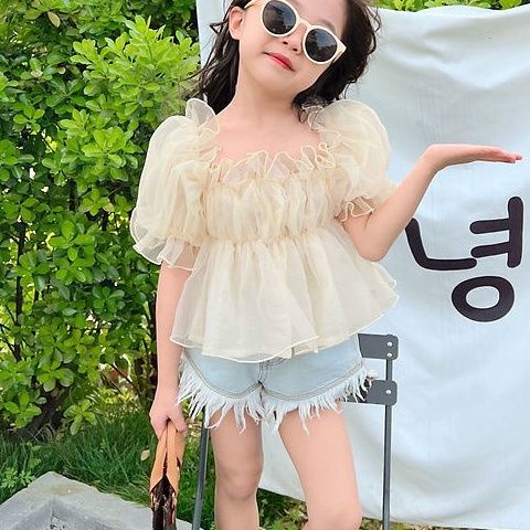 Áo Thun Tay Ngắn Phồng Vải Mỏng Thời Trang Hè Hàn Quốc Hàng Mới Dành Cho Bé Gái 2023