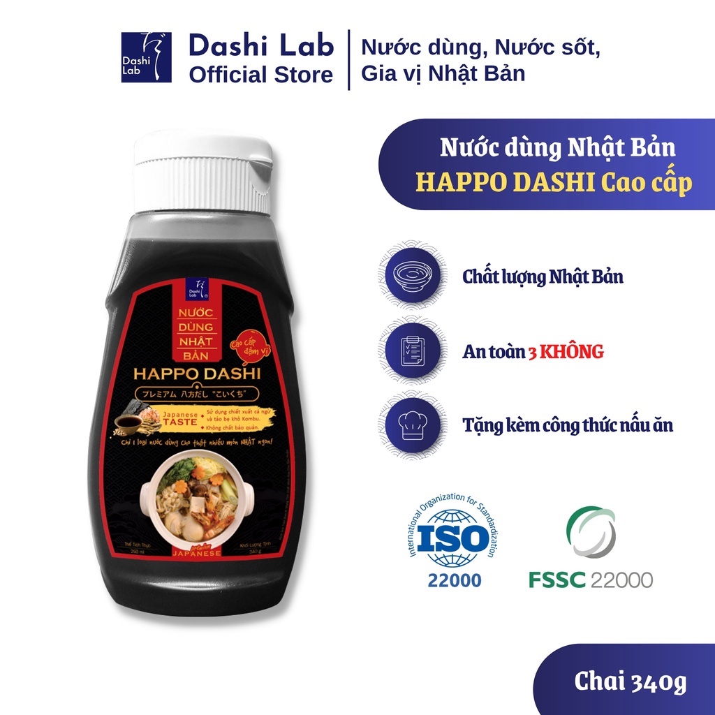 Nước Dùng HAPPO DASHI Nhật Bản Hương Vị Truyền Thống Chiết Xuất Tảo Bẹ Và Cá Ngừ DASHI LAB Chai 340g