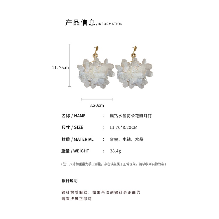 Bông Tai Bạc Hình Cánh Hoa Đính Pha Lê Phong Cách Hàn Quốc