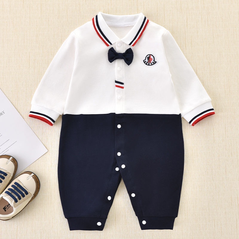 Bộ Áo Liền Quần Vải Cotton Tay Dài Thắt Nơ Kiểu Anh Dễ Thương Cho Bé Trai Sơ Sinh