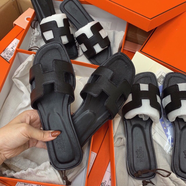 Dép HM cao cấp có hộp túi giầy da sần đen nâu rêu