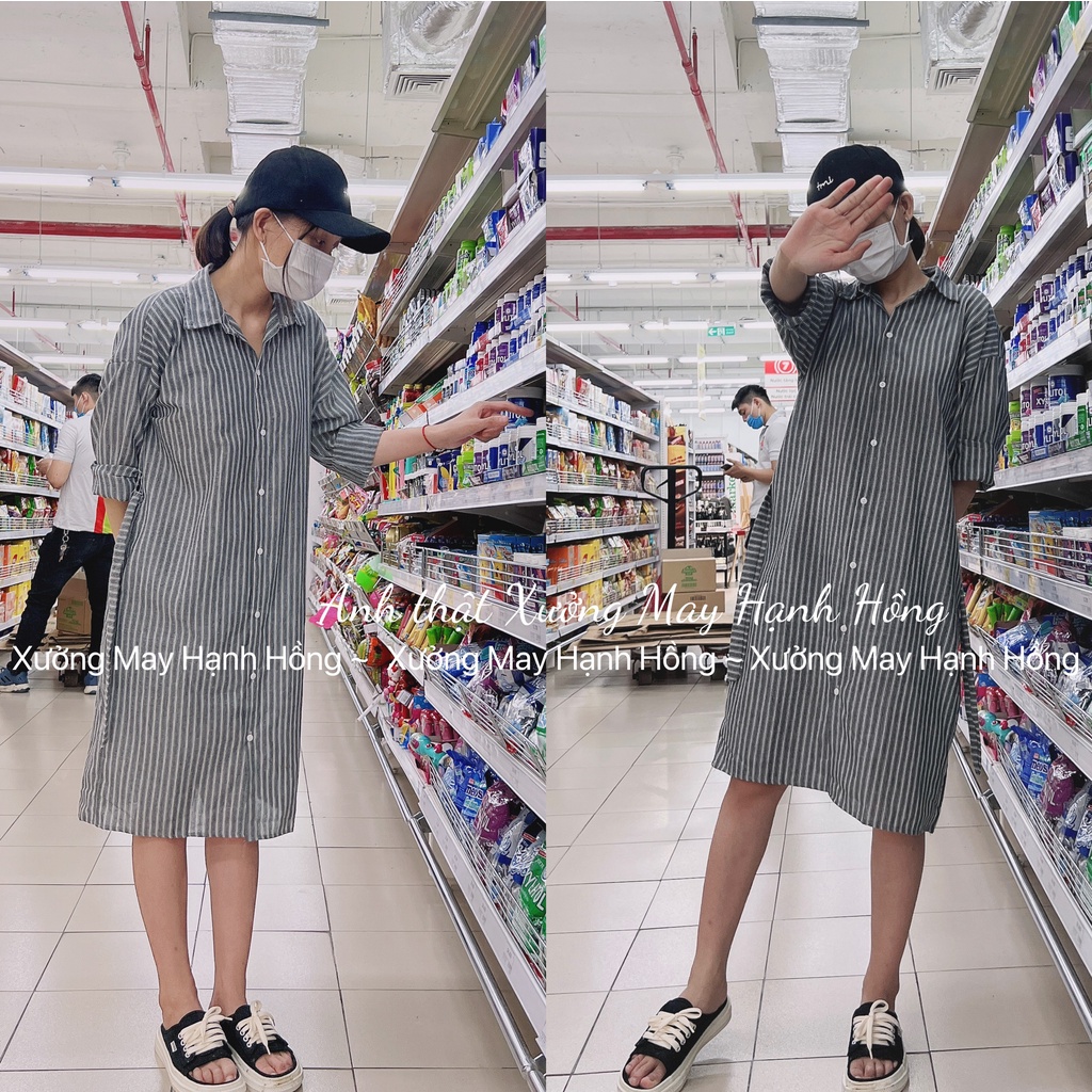 Váy sơ mi kẻ sọc, Đầm sơ mi dài tay họa tiết kẻ sọc phong cách Retro Hàn Quốc nữ tính