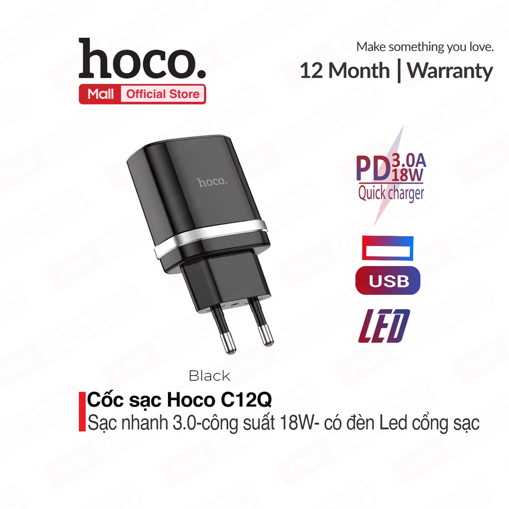 Củ sạc nhanh Hoco C72Q 1 cổng USB sạc nhanh 3A, PD 18W, tương thích với nhiều thiết bị ( EU )