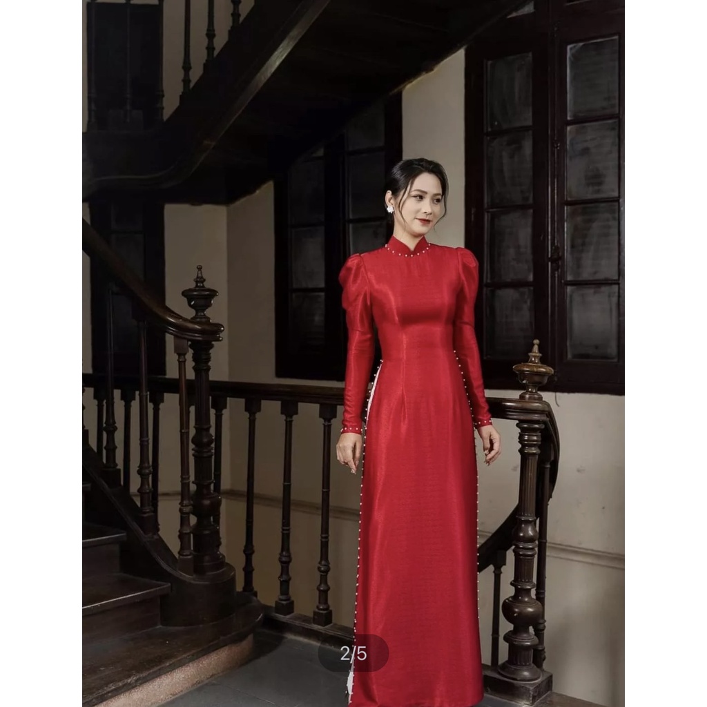 𝐌𝐀𝐑𝐈𝐀 ÁO DÀI CÔ DÂU MÀU TRẮNG LỤA TAY BỒNG