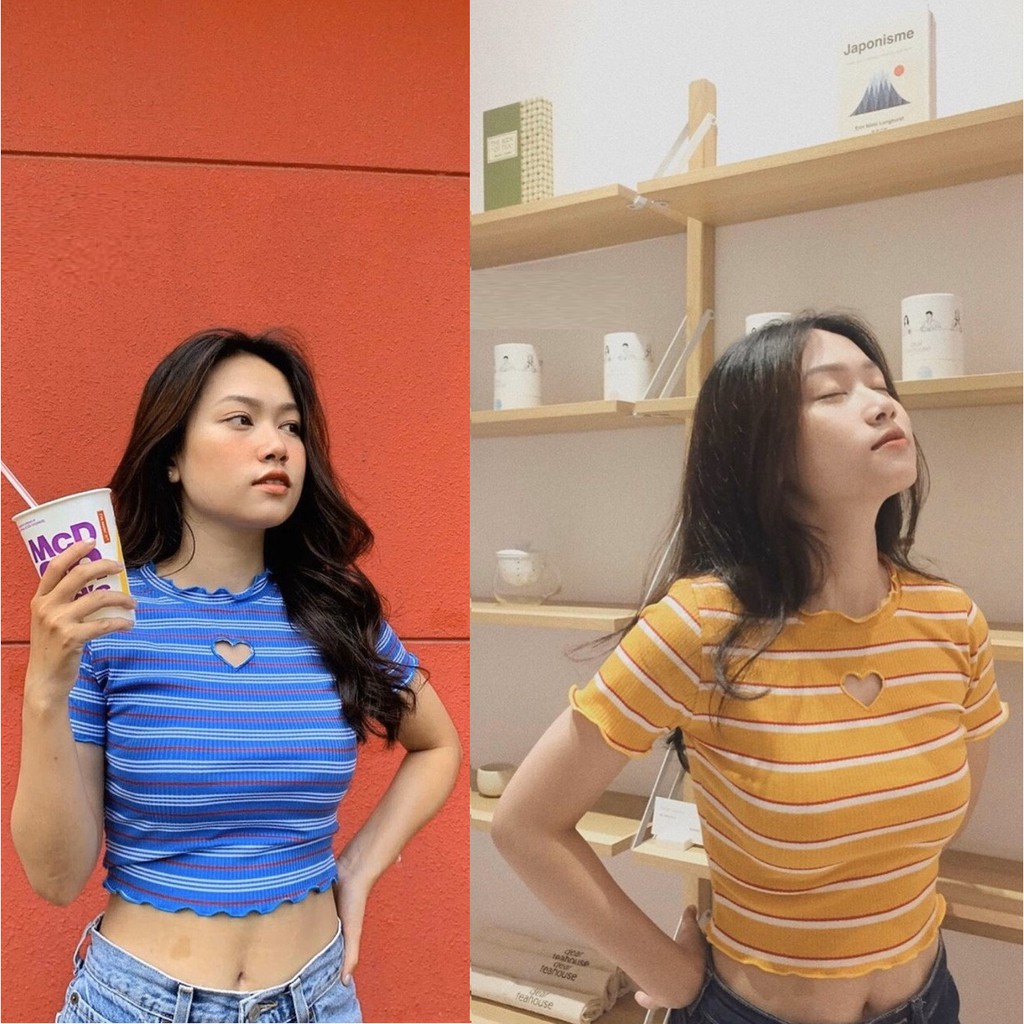 Áo croptop sọc ngang  đường khoét tim gọn gàng, xịn đẹp  áo kiểu ôm cute xinh CRON 36