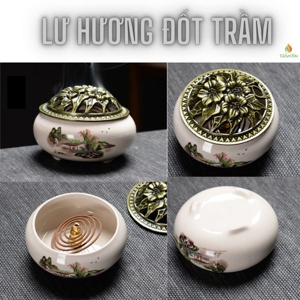 Lư sứ xông trầm hương, đỉnh đốt trầm men rạn ngọc cao cấp nhiều màu sắc, nắp đồng hoa mai. Tặng 1 nụ trầm hương Trầm Tín