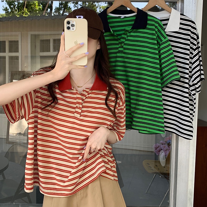 Áo thun SUXI ngắn tay dáng rộng họa tiết kẻ sọc màu tương phản phong cách Hàn Quốc thời trang mùa hè cho nữ