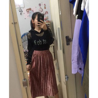 Chân váy nhung xếp ly