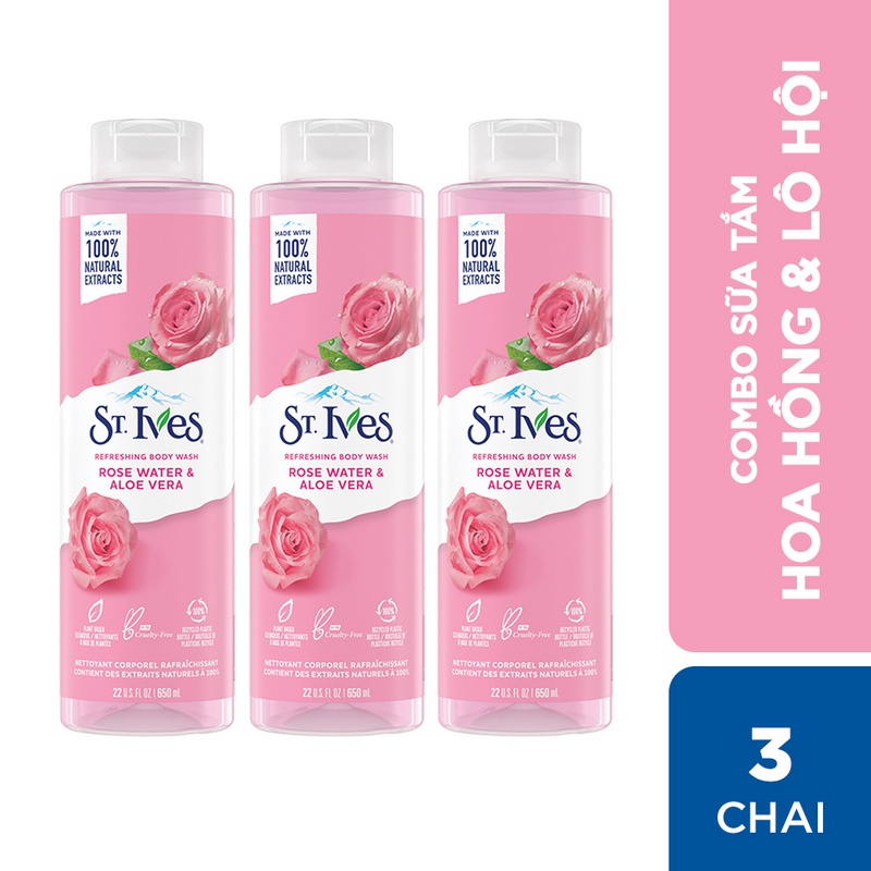 [Mã COSUI5 giảm 8% đơn 150K] Combo 3 chai Sữa tắm dưỡng da St.Ives Hoa Hồng và Lô Hội 650mlx3