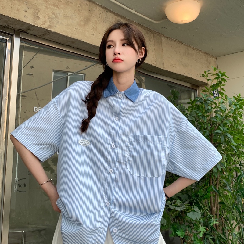 Áo sơ mi polo SUXI dáng rộng tay lửng họa tiết kẻ sọc màu xanh dương đơn giản thời trang mùa hè cho nữ