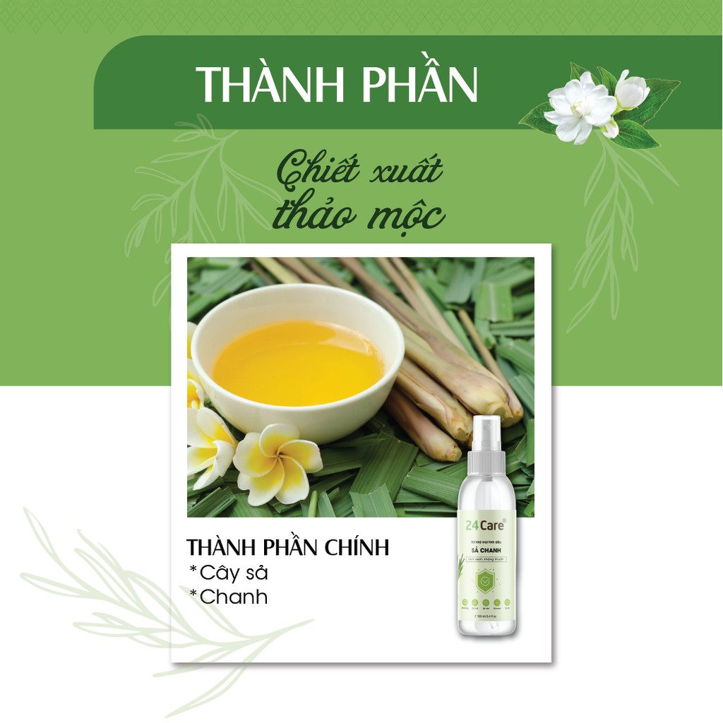 Xịt phòng tinh dầu Sả Chanh 24Care 250ml - Khử mùi thơm phòng, sát khuẩn, đuổi muỗi xua đuổi côn trùng