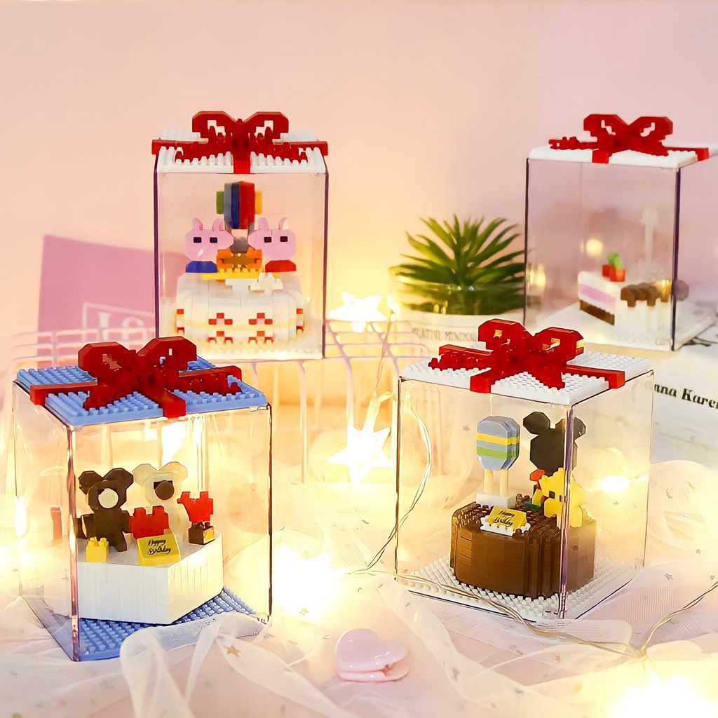 Bộ Xếp Hình Lego Bánh Sinh Nhật Hộp Quà Tặng Vịt Donal, Thỏ Stella, Chuột Mickey Có Đèn Trang Trí 3D Dễ Thương