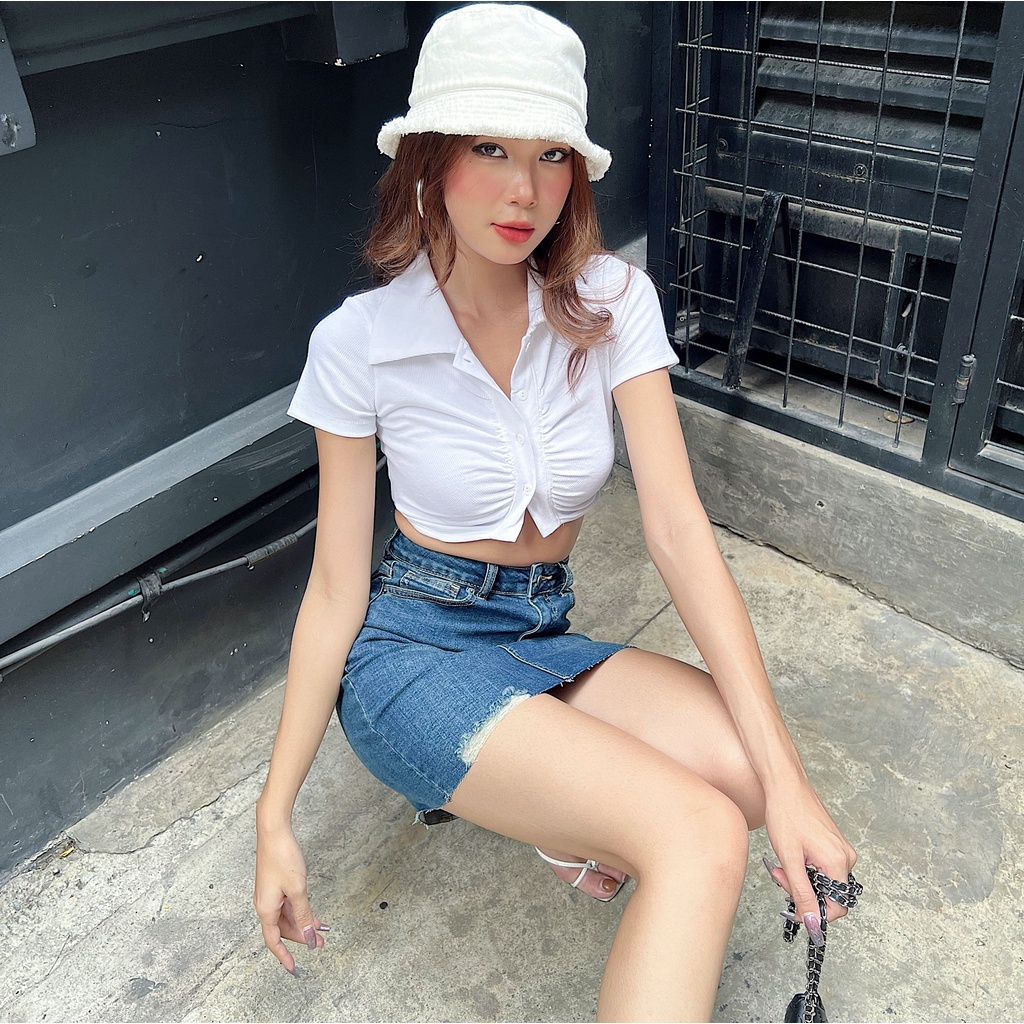 Áo croptop nữ body TOPTIFY ngắn tay nhún nẹp cổ polo Huxley Top A241