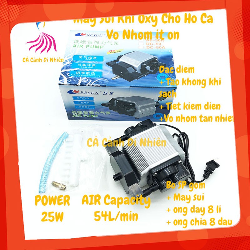 Máy sục sủi thổi khí oxy RESUN AP-50 AP50 vỏ nhôm 25W ít ồn cho hồ cá