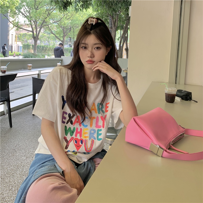 SUXI Women's Summer Letter Print Round Neck White Loose Short Sleeve T-shirt