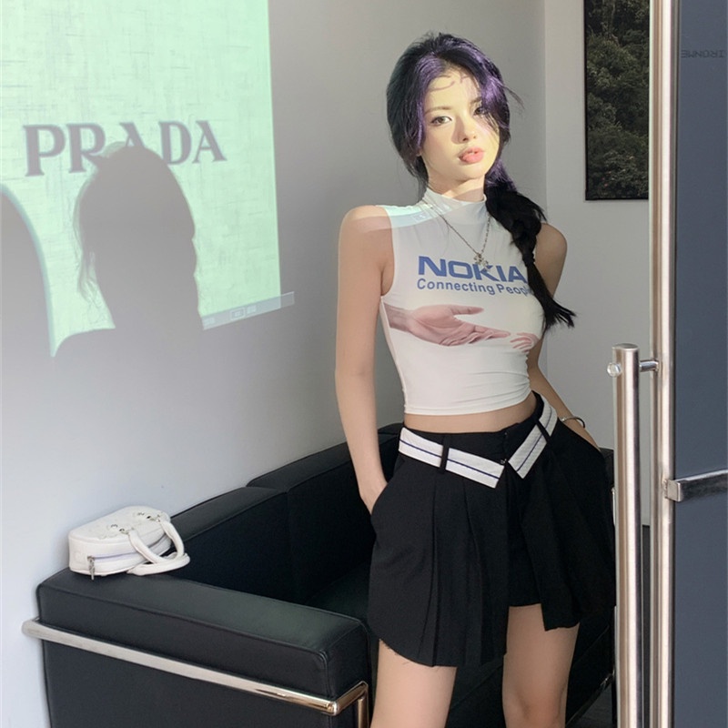 Áo Croptop Sát Nách Cổ Cao In Họa Tiết Vui Nhộn