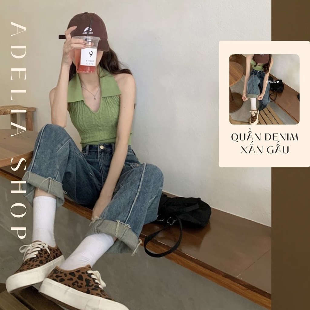 Quần Denim | Quần Denim Jeans Nữ Cạp Cao Dáng Dài Thiết Kế Xắn Gấu Chất Jeans Dày Dặn Hàn Quốc