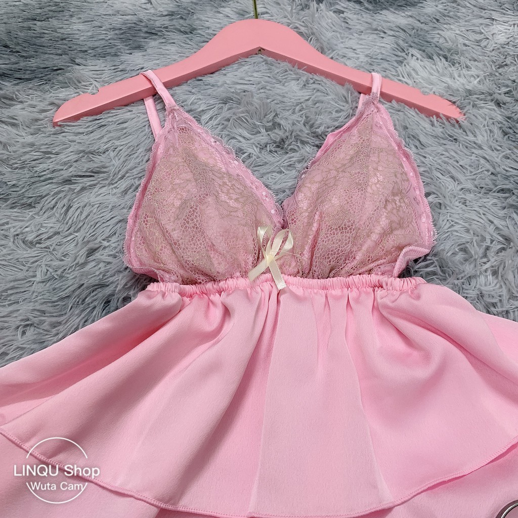 Đồ Ngủ Sexy 2 Dây Chất Satin Phối Ren Áo tầng có mút ngực Freesize - Linqu Sleepwear