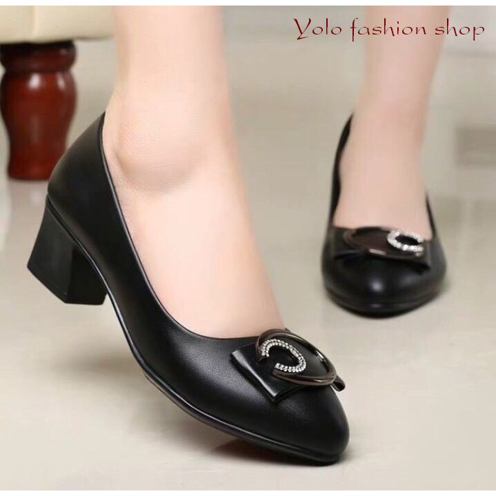 M20 Giày cao gót nữ da lì đế 4cm siêu mềm êm chân