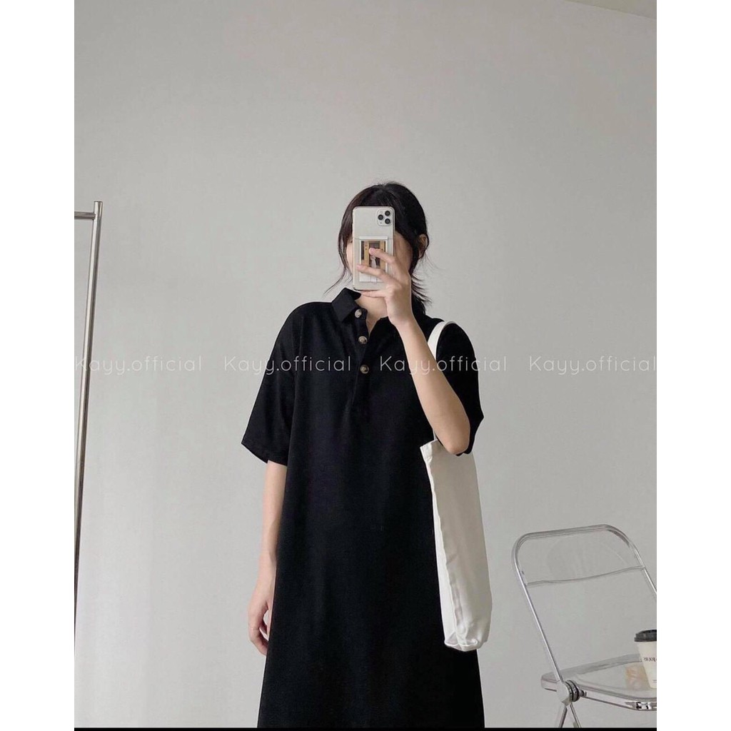 Váy Polo Cúc  KAVA [FREESHIP] 🌸 Đầm dáng suông màu đen trơn, thun tay lỡ bánh bèo cá tính( Ảnh cận chất ở cuối)