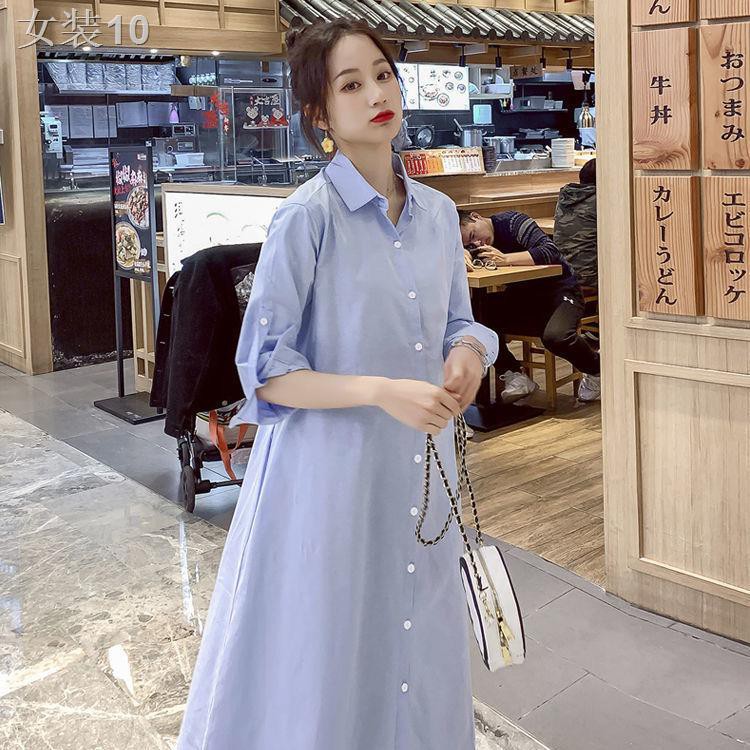 ™Trang phục bà bầu mùa xuân và thu 2021 xu hướng thời mới hot mom áo sơ mi mỏng nữ váy suông dài cho con bú