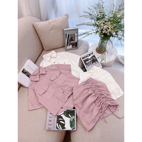 SET ÁO CỔ SƠ MI TÚI NẮP KÈM CHÂN VÁY RÚT DÂY KTGIMI ( Kèm ảnh thật)