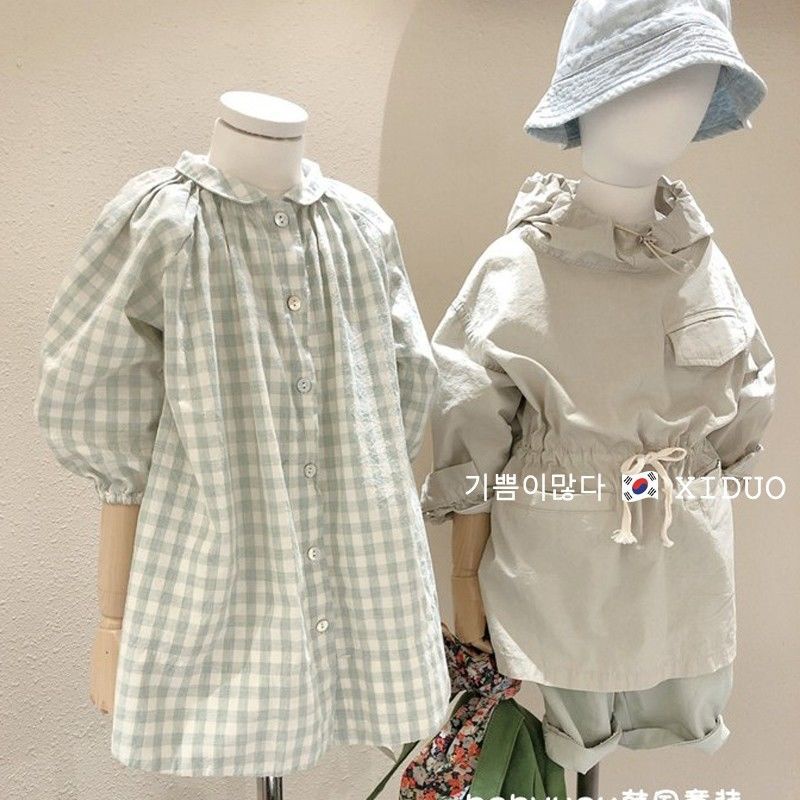 Đầm sơ mi cotton cổ bẻ kẻ sọc caro phong cách Hàn Quốc mới cho bé gái 2021