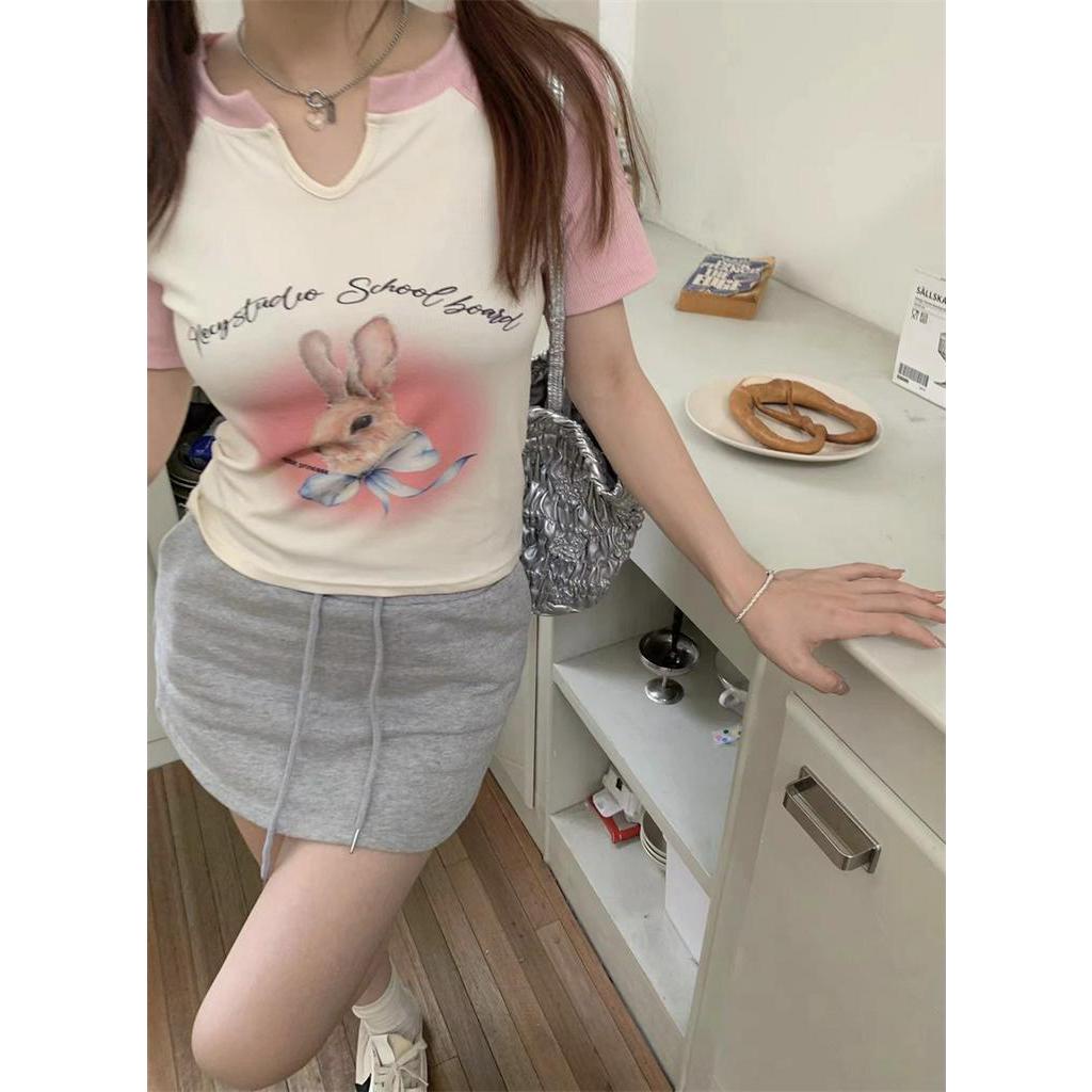 Áo Thun Dáng Ôm Ngắn Tay In Hình Thỏ Màu Sắc Tương Phản Thời Trang Cá Tính 6349