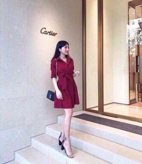 Đầm sơ mi kate xoè cột eo
